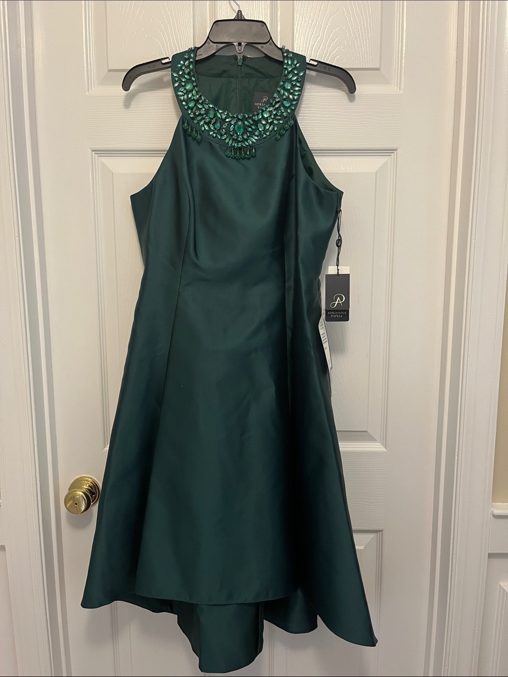 Adrianna Papell Emerald Green Beaded High-Low Satin Dress Fit-Flare